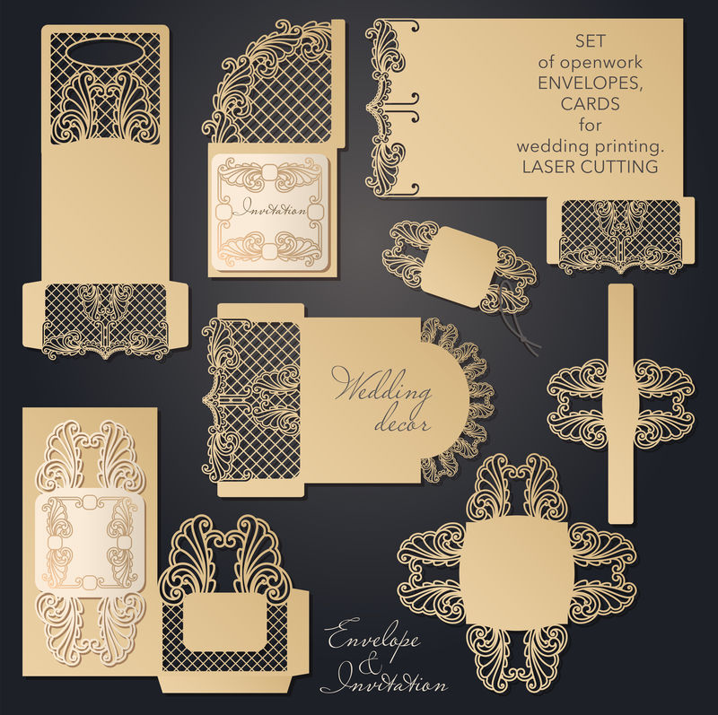 一套雕刻的婚礼信封-激光切割的口袋-口袋里装着祝贺邀请结婚卡聚会浪漫约会-用于剪纸和