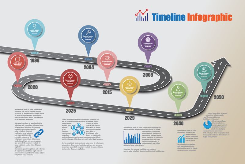 商业路线图时间线信息图形图标设计用于抽象背景模板里程碑元素现代图表处理技术数字营销数据表示图矢量插图