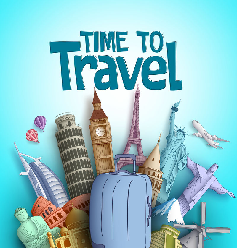 时间旅行矢量设计与世界著名旅游目的地和标志性建筑和蓝色背景中的旅行包元素-矢量图