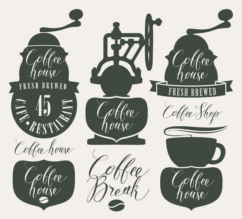 带咖啡研磨机的咖啡厅字符集