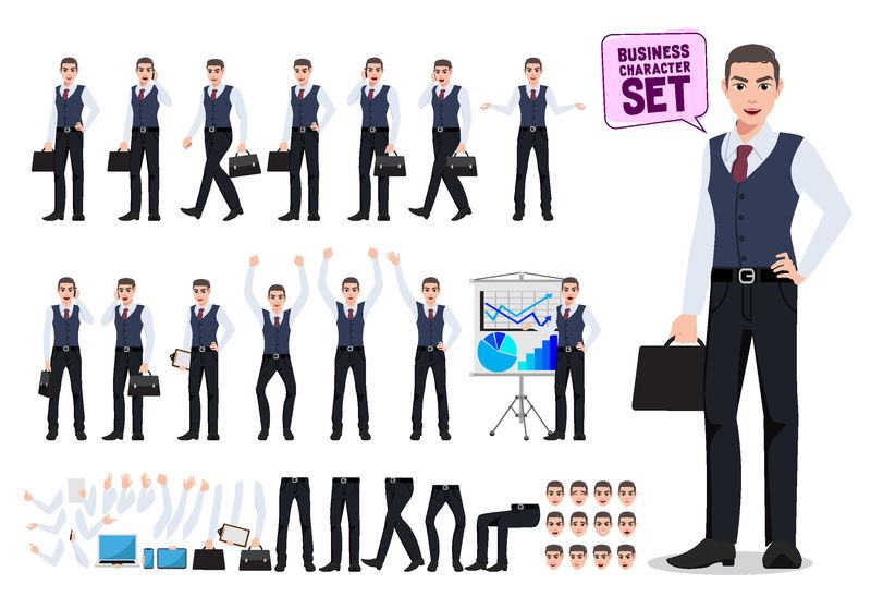 商务人员矢量字符创建集-男性办公室工作人员拿着不同姿势和手势的公文包-用于商务演示-白色隔离-矢量图