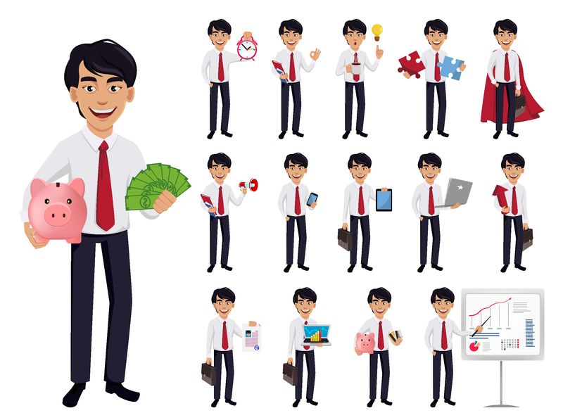 亚洲商务人士-概念卡通人物在办公室风格服装-套十五个姿势-英俊的商人-矢量图解