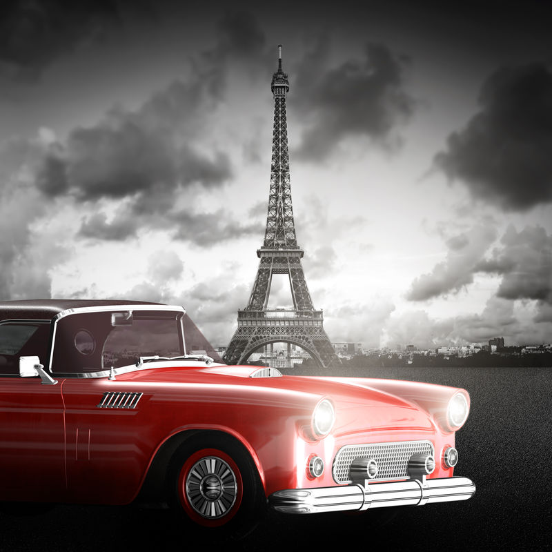 埃菲尔塔巴黎法国复古的红色汽车黑色和白色