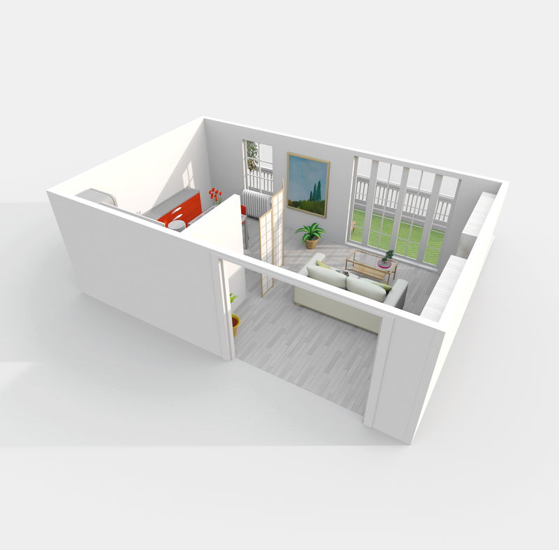 带家具的起居室和家庭厨房的三维室内效果图