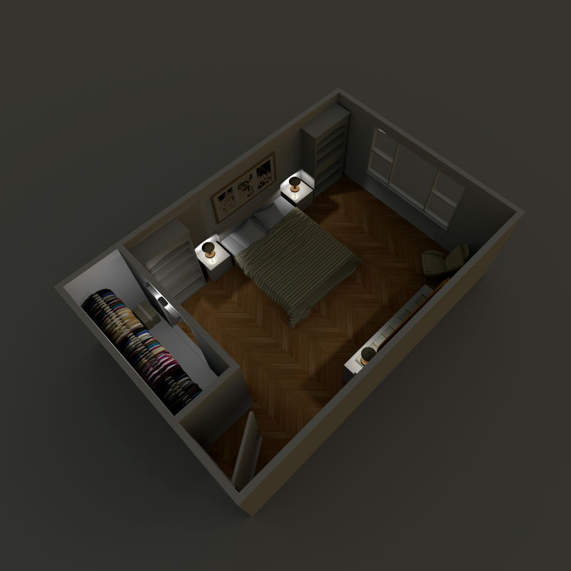 带衣柜的夜光卧室的3D室内效果图
