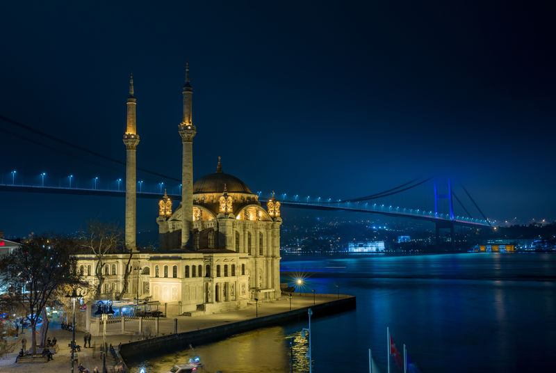 土耳其伊布尔夜晚的奥塔科伊清真寺和博斯普鲁斯桥
