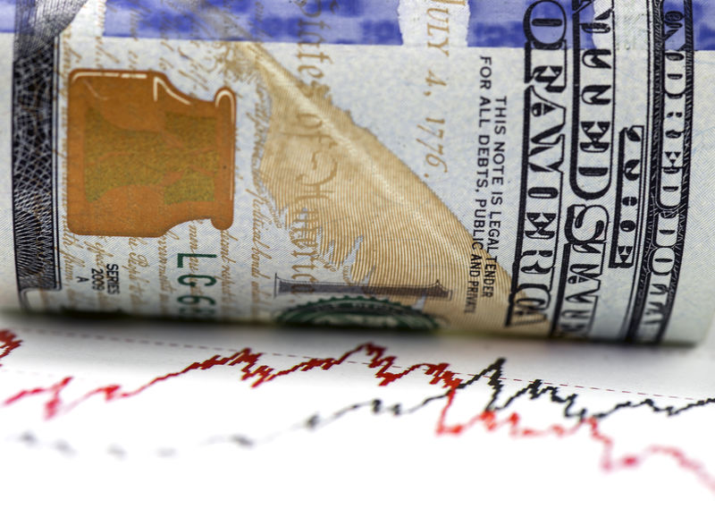 美元汇率表-一百美元的钞票滚在图表上-宏图像-图表上的红黑线