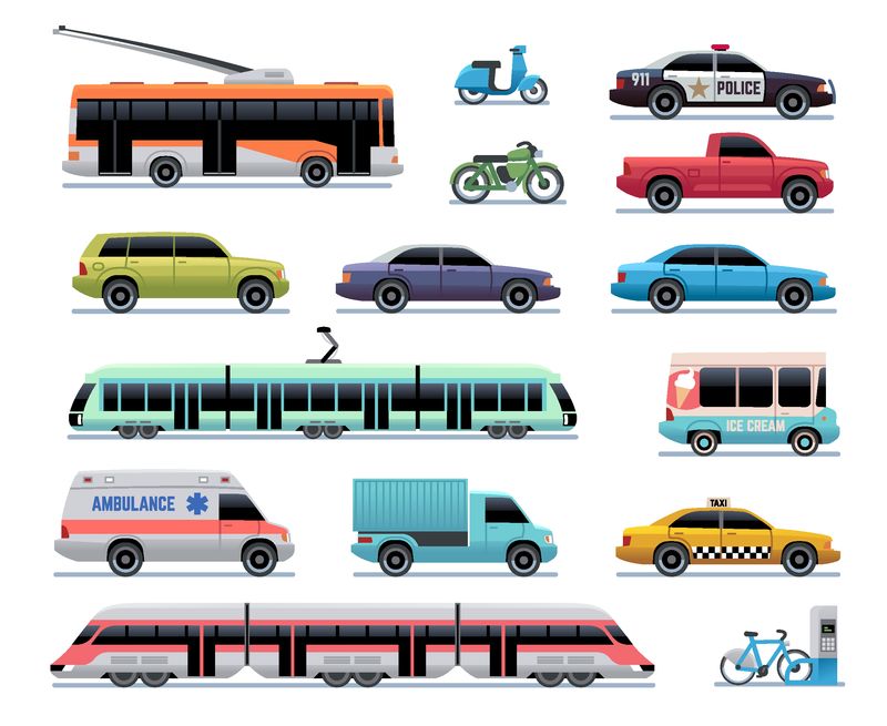 城市交通-卡通车-公共汽车和卡车-有轨电车-火车无轨电车和踏板车-城市车辆矢量交通采集
