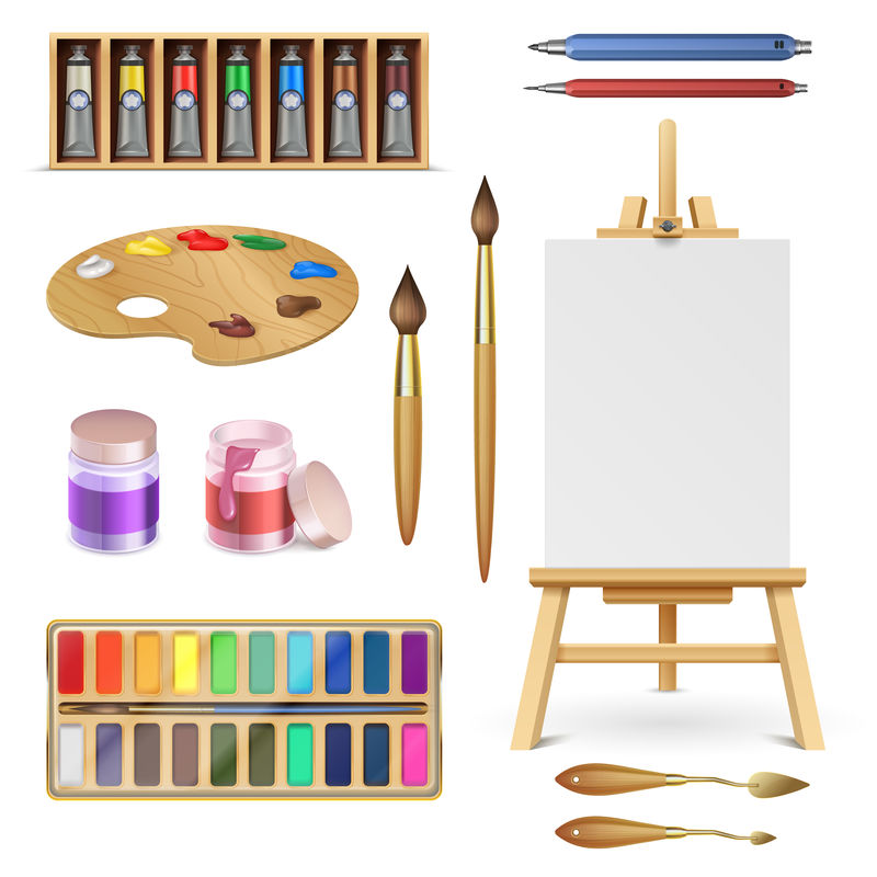 带有画架调色板画笔和彩色铅笔的艺术工具和艺术用品独立矢量集