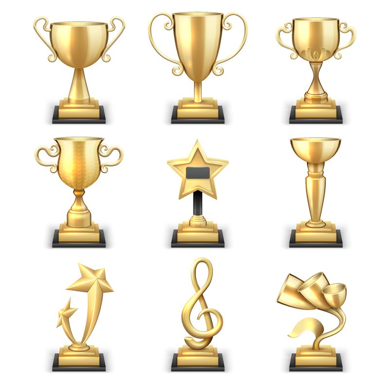 逼真的金质奖杯和体育奖品套装-凯旋运动奖和奖品-冠军奖杯金杯插图