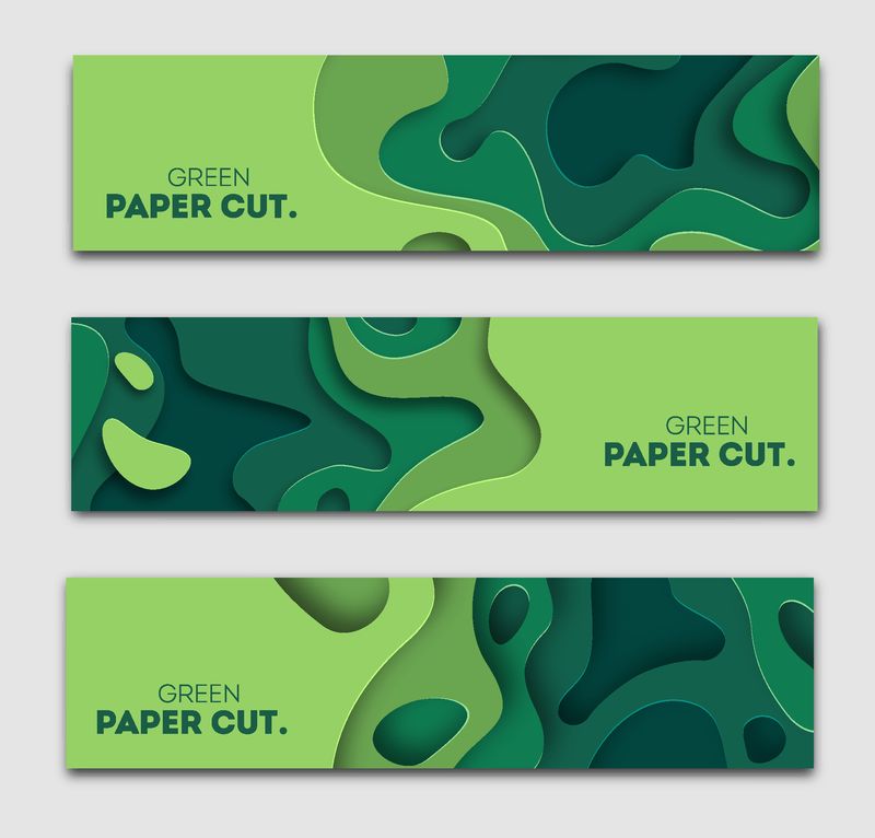 横幅设置三维抽象背景-绿色剪纸形状-用于商业演示传单海报和邀请的矢量设计布局-雕刻艺术环境与生态元素