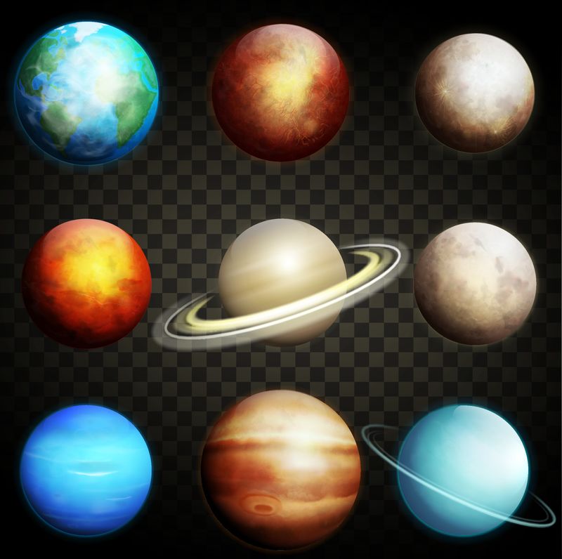 太阳系的行星-孤立在透明的背景上-一组现实行星矢量图