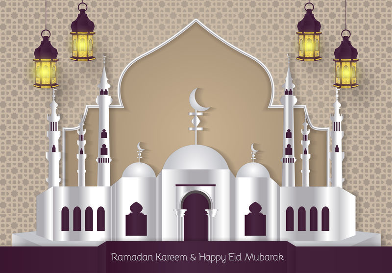 斋月卡雷姆和快乐开斋节穆巴拉克的时尚背景与清真寺和灯笼图标元素矢量