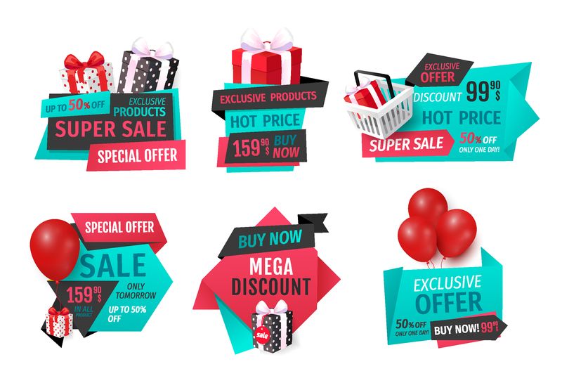 大折扣-独家产品销售横幅集矢量-购物篮中的礼物-特别商店优惠活动中购买的充气气球