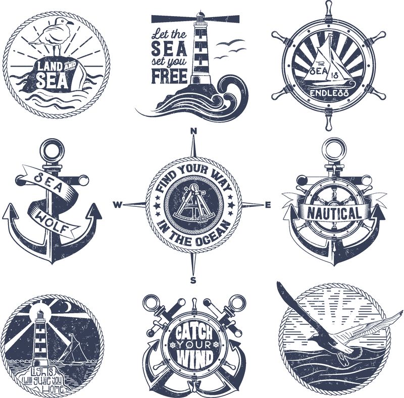 Vector系列徽章以海洋为主题-图案有水洗海鸥方向盘锚定图案印刷打印在T恤和互联网上