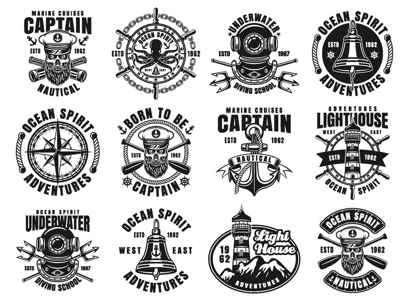 十二个矢量标志标签徽章或标志的航海套装-采用复古单色风格-白色背景隔离