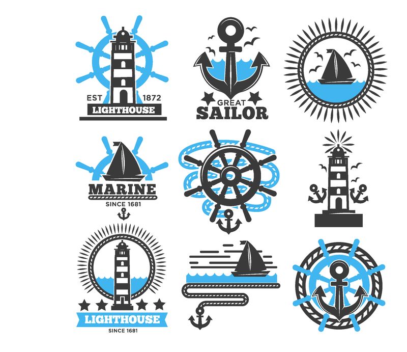 海洋和航海标志模板或纹章符号-船锚舵和船长望远镜航行灯塔或救生圈帆船三叉戟或海员罗盘的矢量隔离图标