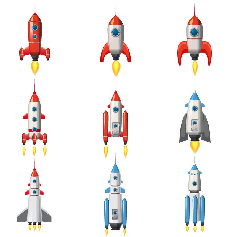 设置火箭宇宙飞船-孤立向量图-简单的复古宇宙飞船图标-卡通风格-白底-海报-戏谑
