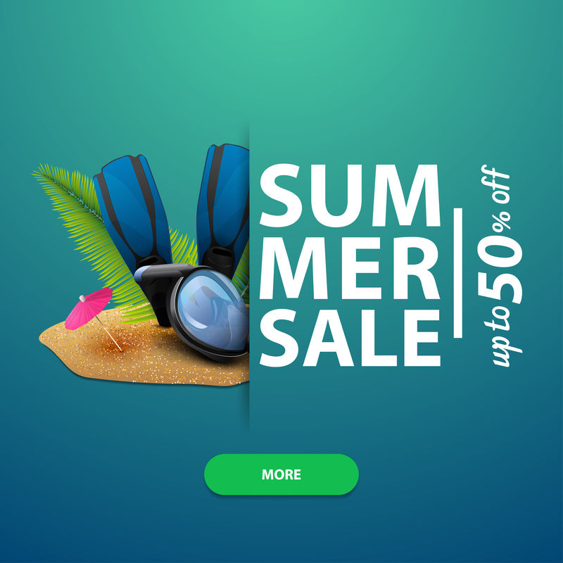 夏季促销活动网站的方形横幅带潜水面罩鱼鳍和棕榈叶的广告和促销活动