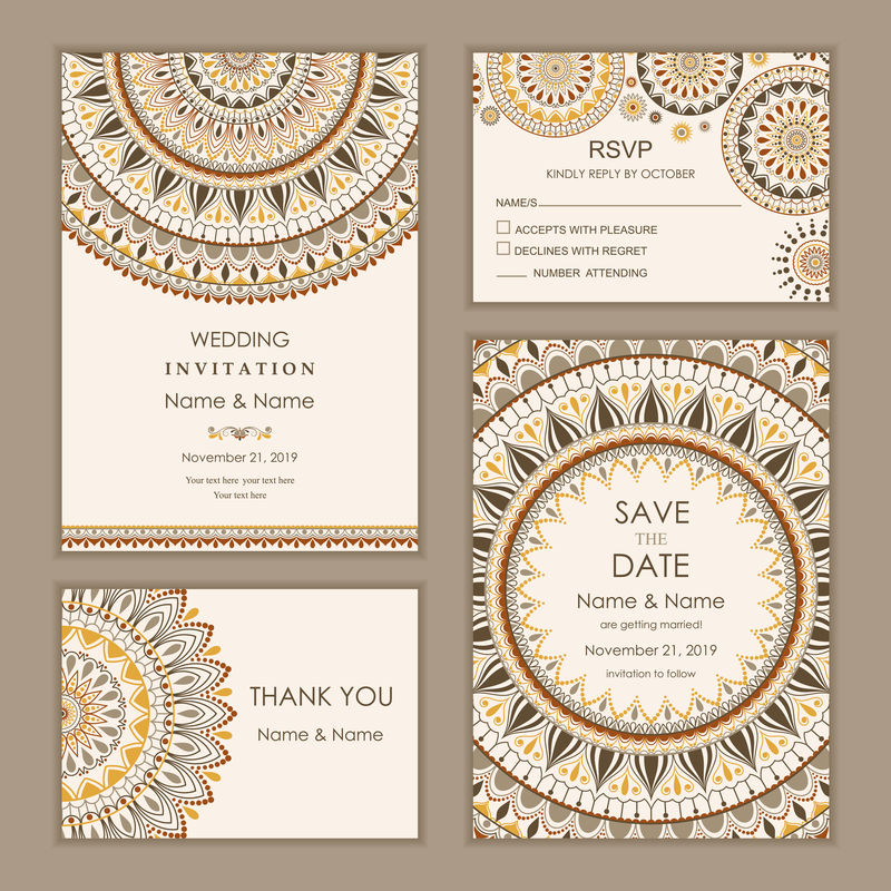 婚礼邀请函-与副总裁-保存日期和感谢卡东方风格-图案-曼陀罗装饰品-用花卉元素框起来-矢量图