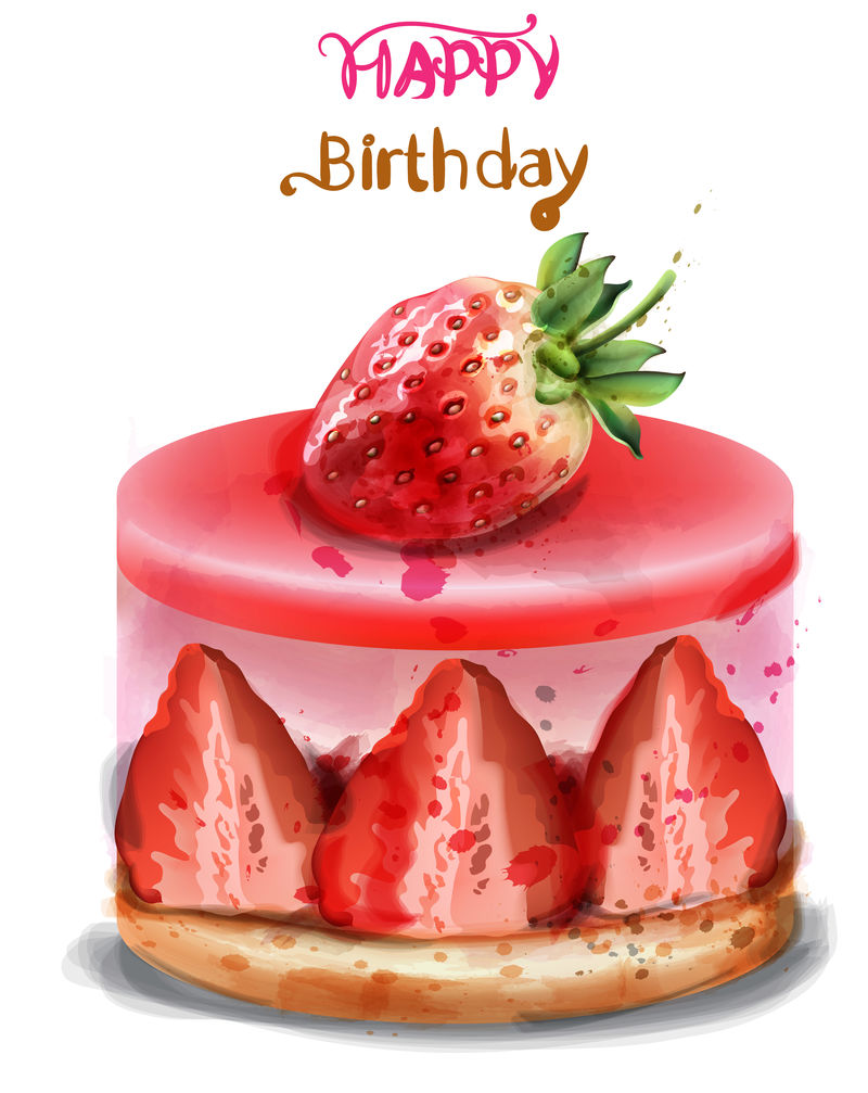 草莓生日蛋糕矢量水彩生日快乐美味卡片