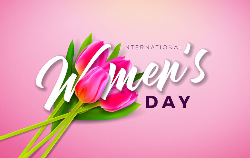 《快乐妇女节》插画郁金香花和粉色背景的3月8日印刷字体矢量春季庆典贺卡设计模板