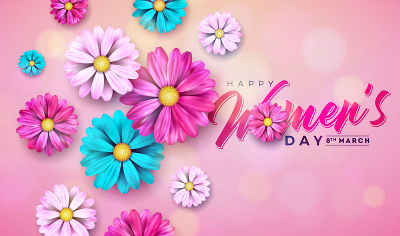 3月8日妇女节快乐鲜花贺卡国际节日插画粉色背景上有花卉图案矢量春季庆典模板
