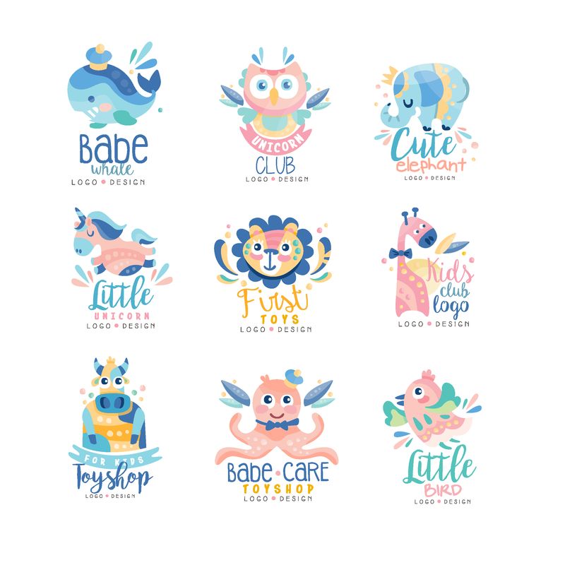 儿童俱乐部和玩具店标志设计套装-带有可爱动物的标志可用于婴儿店教育中心儿童市场幼儿园和任何其他儿童项目的矢量插图