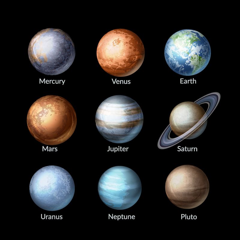 在黑色背景上孤立的太阳系真实收集行星的矢量图-天文学背景