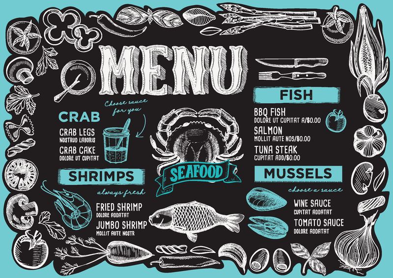 餐厅海鲜菜单模板在黑板背景矢量图小册子上为餐饮咖啡厅-设计布局与复古字体和手绘蔬菜框架