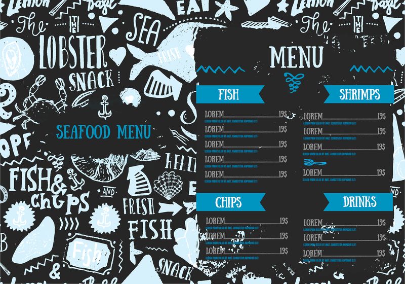 海鲜菜单上有素描鱼和字母-餐厅和咖啡馆的标识-手绘设计模板-深色黑板上有手绘插图