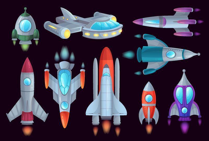 卡通火箭-太空火箭飞船-航天火箭和宇宙飞船-宇宙飞船游戏航天飞机-未来火箭天文学技术-独立矢量图示图标集
