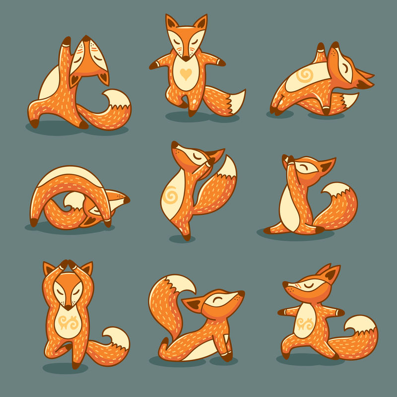 一组卡通有趣的红狐狸做瑜伽姿势