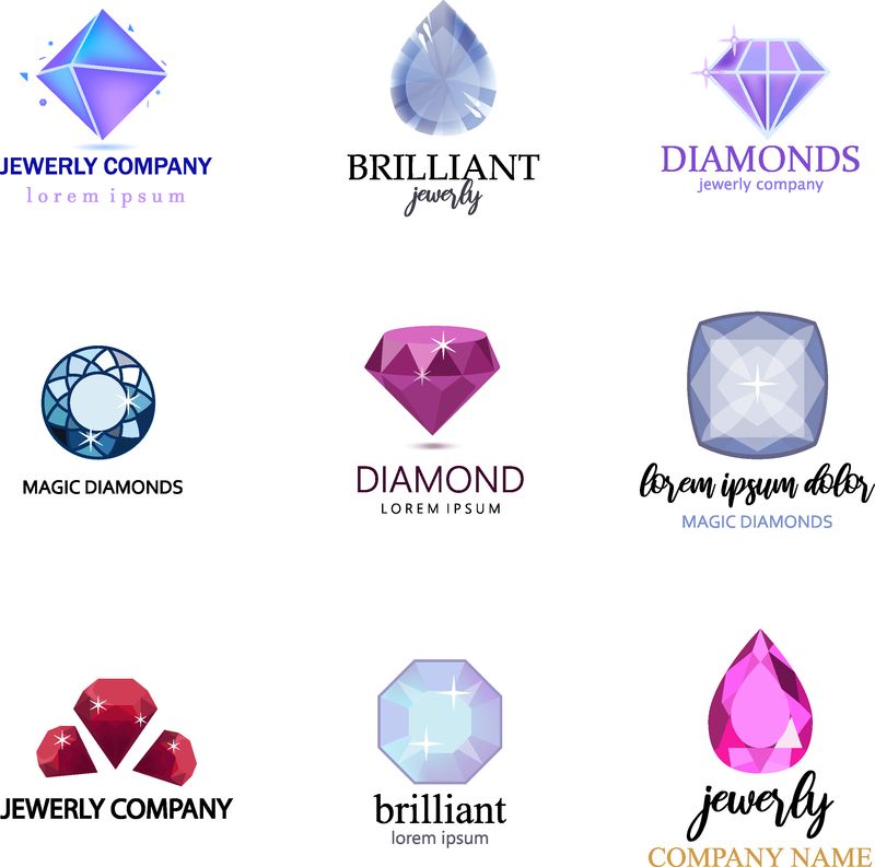 昂贵的珠宝-不同形状和颜色的钻石-魔法闪耀的石头-一套钻石