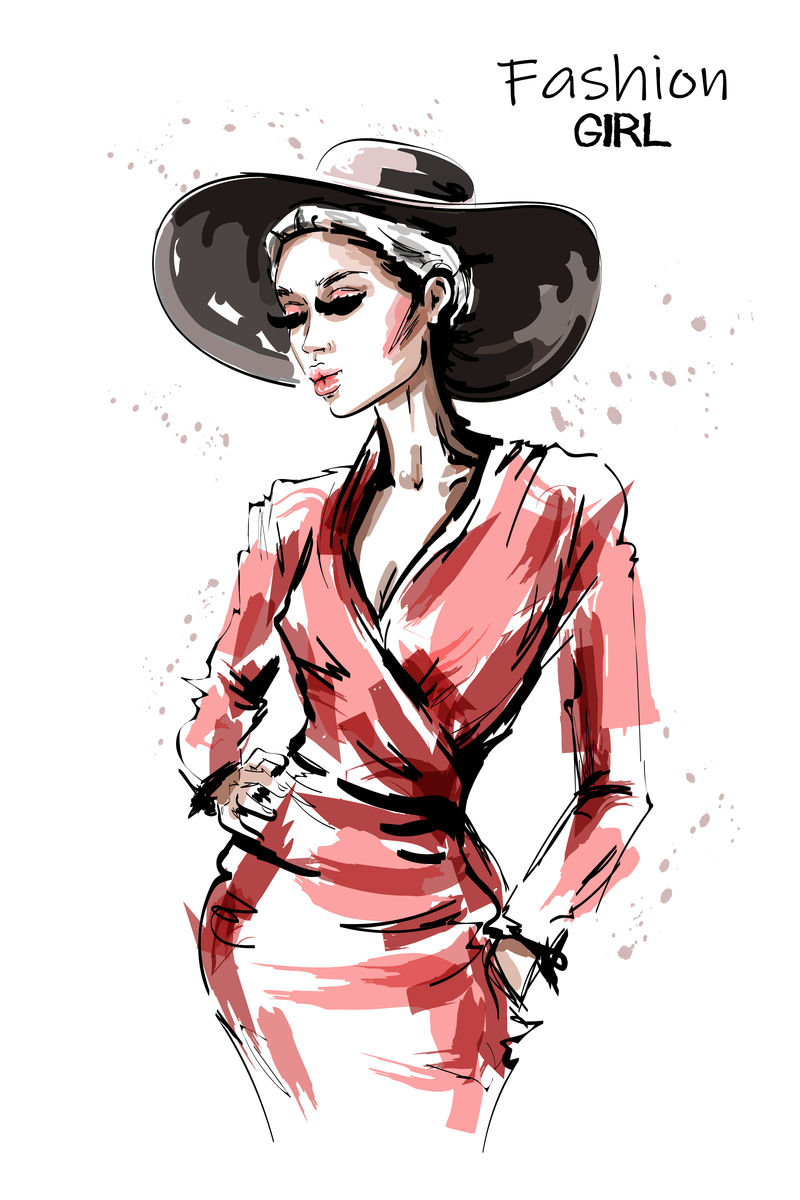 穿着红色连衣裙的手绘美女-戴帽子的时尚优雅的女孩-时尚女性肖像-草图