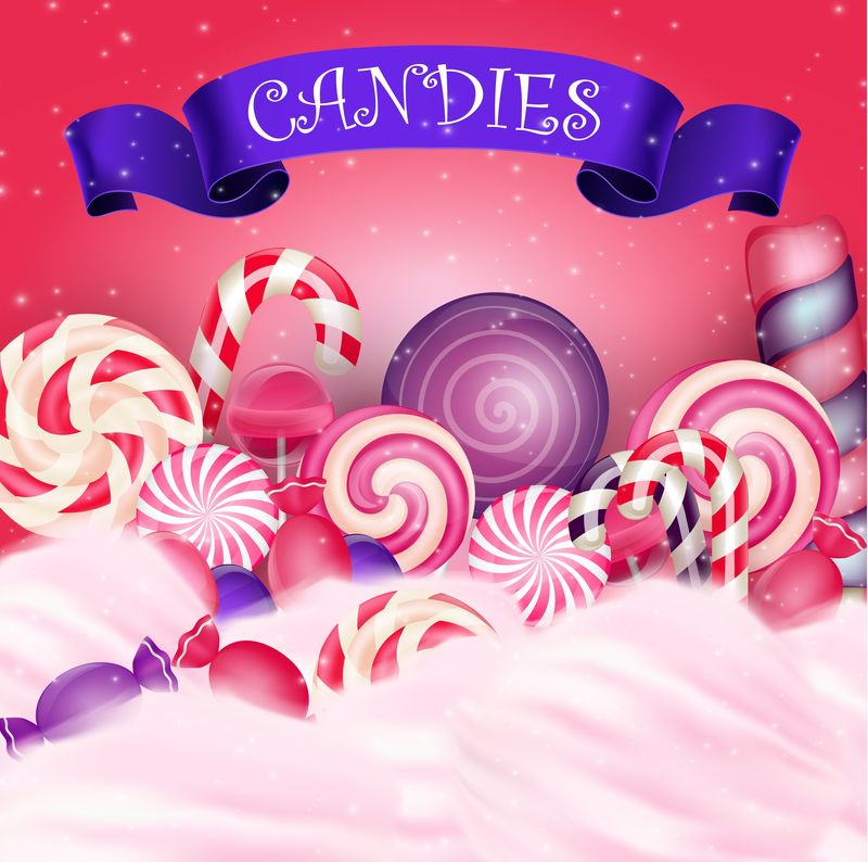 彩色糖果背景和逼真的紫色丝带矢量