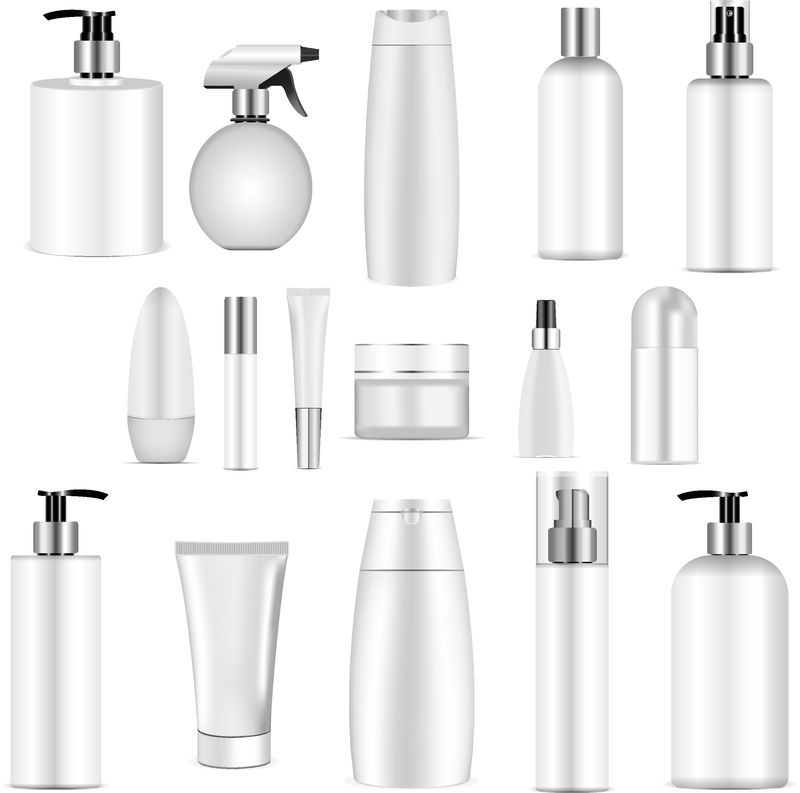 白色瓶组-化妆品包装的真实模型-矢量图解空洁塑料容器用喷雾分配器和滴管奶油罐洗发水的空白模板