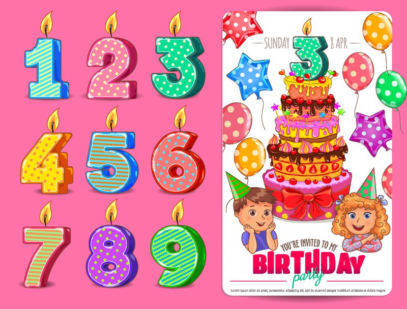 生日数字蜡烛和可爱的孩子和蛋糕生日聚会邀请卡模板