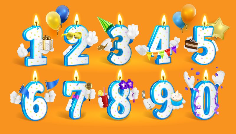 一组生日快乐蜡烛号码-橙色背景上的矢量图