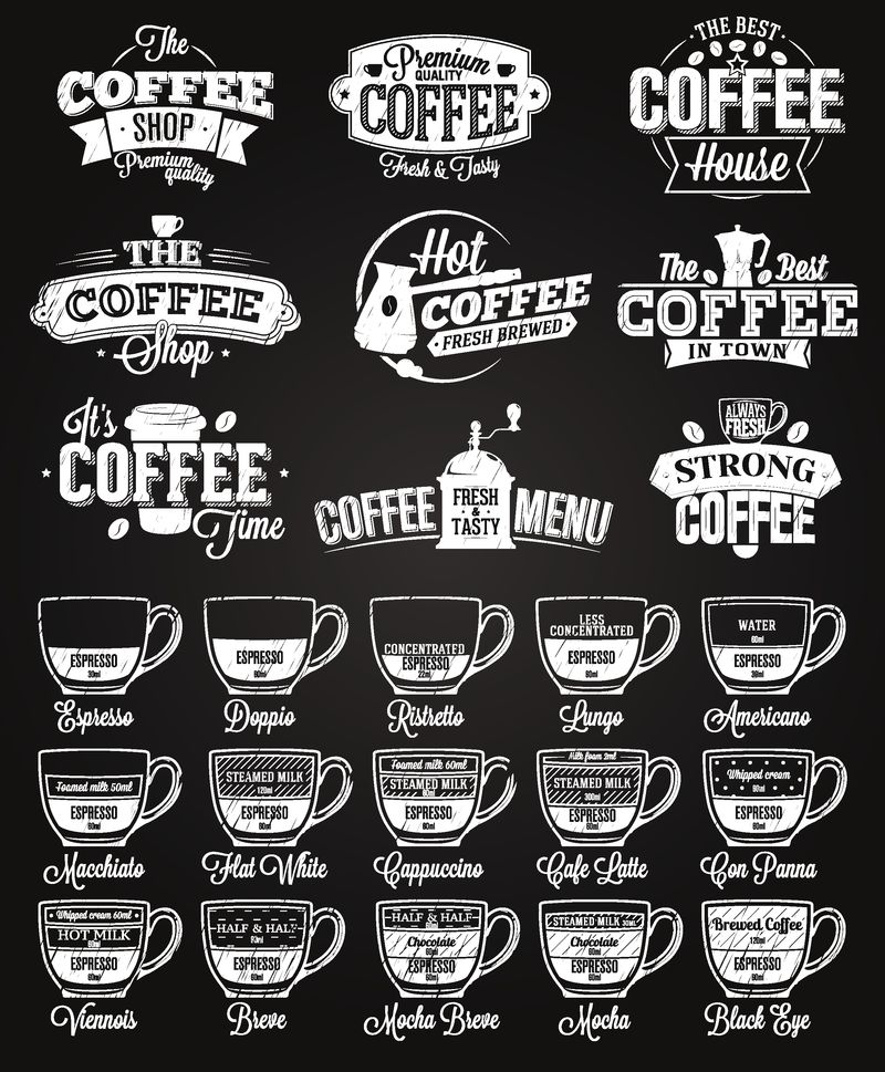 咖啡的标签标识和粉笔绘图菜单