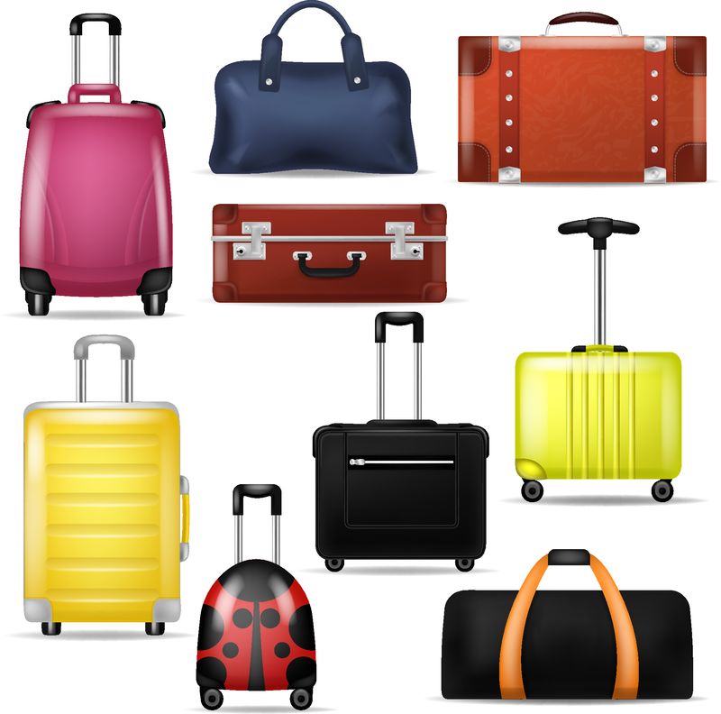 旅行包矢量旅行旅行度假现实行李箱旅行包旅游插图集旅行包和旅行冒险箱或白色背景隔离的旅行包