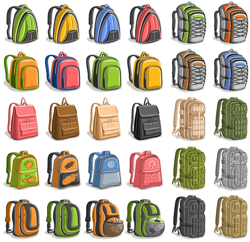 各种背包的Vector套装-30个带背带和把手的可裁剪的军用或旅行包-口袋里装足球的儿童用现代橙色背包-白色背景的大迷彩背包
