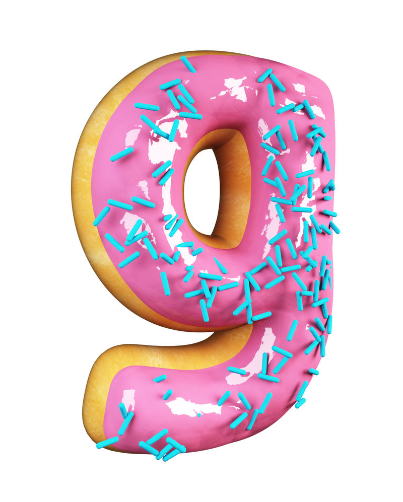 玫瑰釉甜甜圈字体概念与蓝色洒美味的字母G.白色背景下的3D渲染