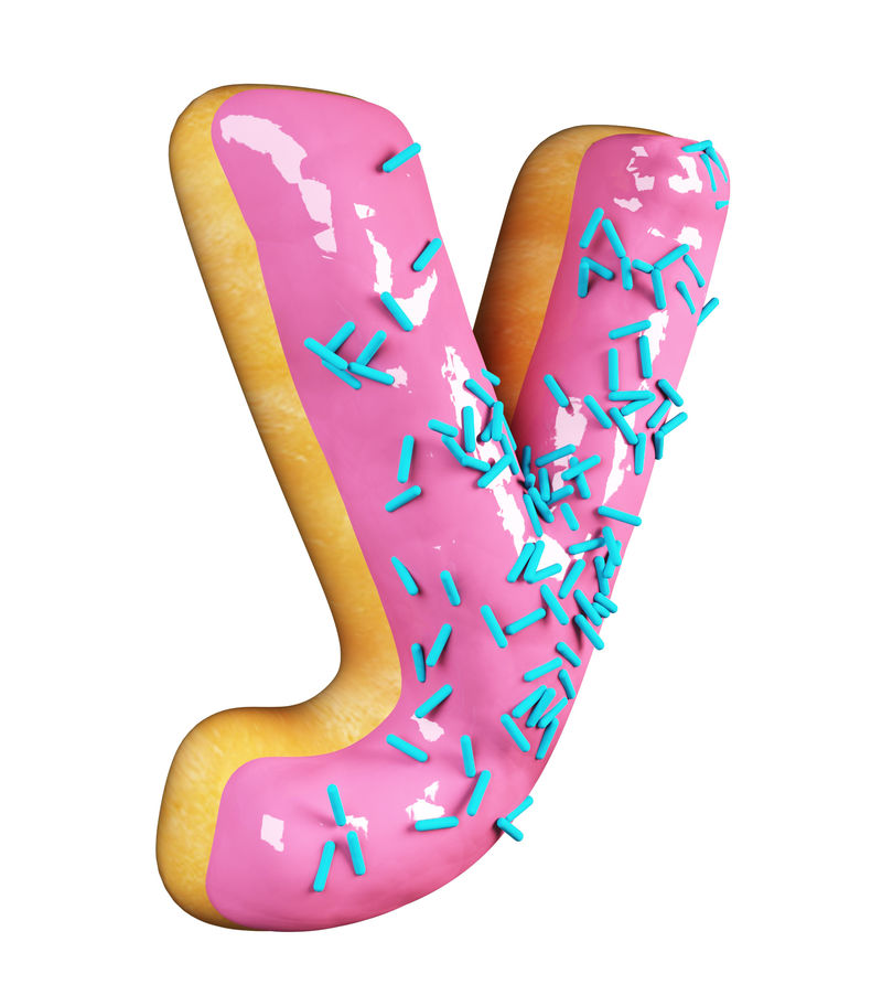 玫瑰釉甜甜圈字体概念与蓝色洒美味的字母Y.3D渲染白色背景