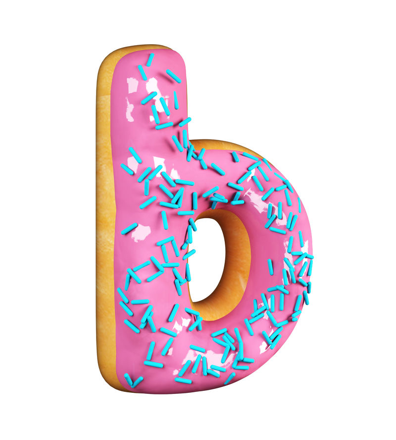 玫瑰釉甜甜圈字体概念与蓝色洒美味的字母B.白色背景下的3D渲染