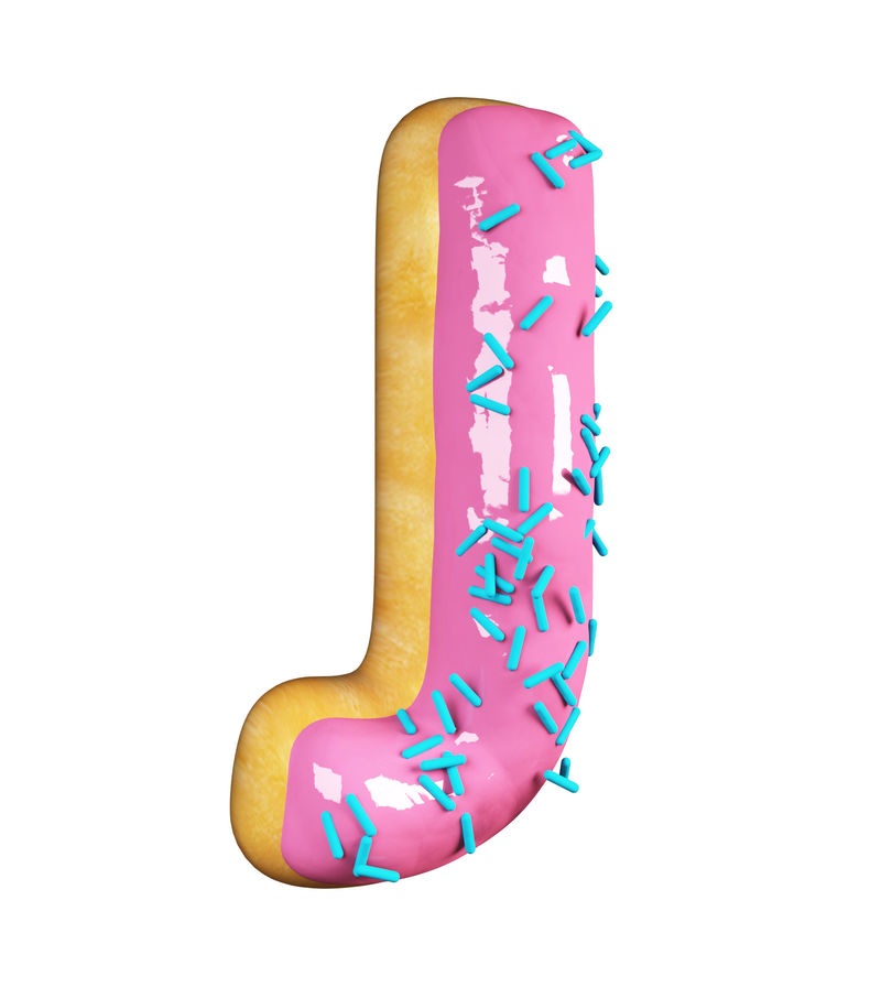 玫瑰釉甜甜圈字体概念与蓝色洒美味的字母J.3d呈现在白色背景上