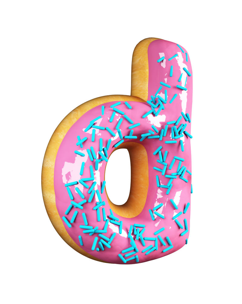 玫瑰釉甜甜圈字体概念与蓝色洒美味的字母D.白色背景下的3D渲染