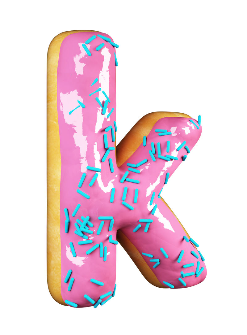 玫瑰釉甜甜圈字体概念与蓝色洒美味的字母K.3d呈现在白色背景上
