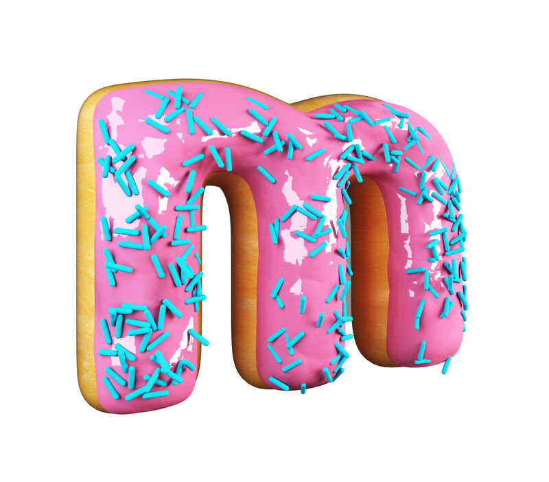玫瑰釉甜甜圈字体概念与蓝色洒美味的字母M.3d呈现在白色背景上