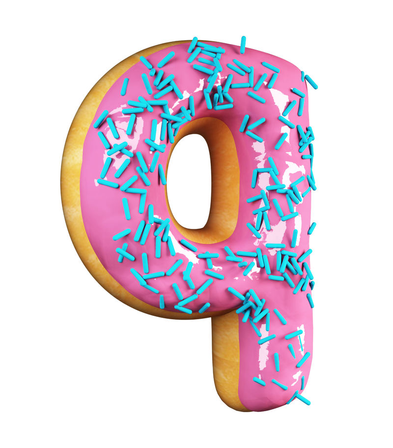 玫瑰釉甜甜圈字体概念与蓝色洒美味的字母Q.3d呈现在白色背景上